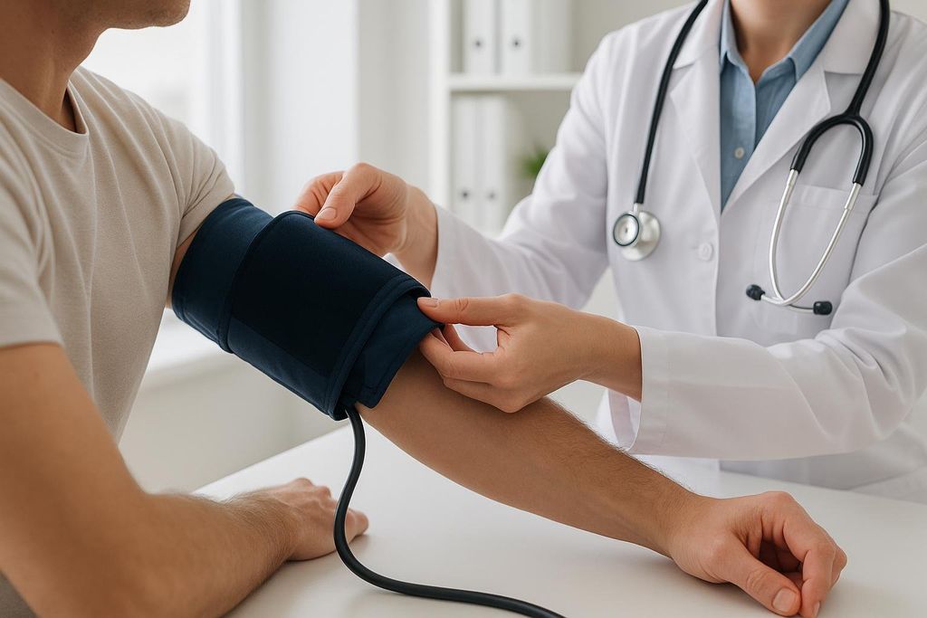 A close-up view of a doctor’s hands adjusting a blood pressure cuff on a patient’s arm during a medical check-up. The doctor is wearing a white lab coat and a stethoscope.