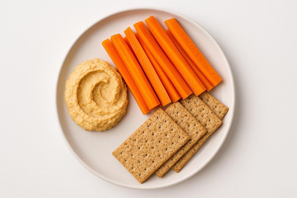 A white plate with a swirl of hummus, neatly arranged carrot sticks, and rectangular crackers. The items are spread across the plate, suggesting a healthy snack.