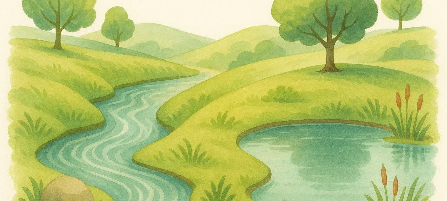 An abstract landscape illustration depicting the transition from a rippling river to a still pond, representing the shift to menopause. Green hills, trees, and cattails frame the water.