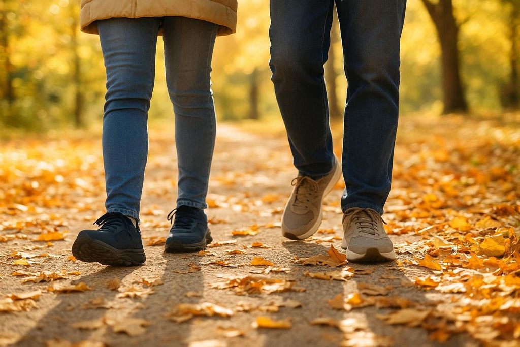 A close-up view of two people walking on a path covered in autumn leaves.