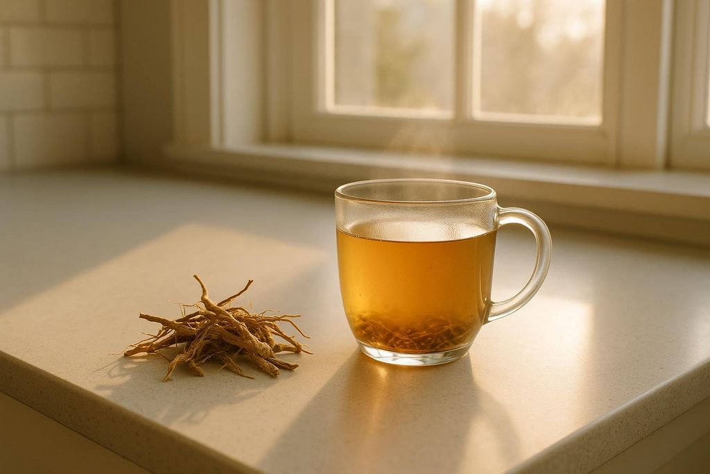 A clear glass mug of steaming herbal tea sits next to a pile of dried plant roots on a light-colored counter, with a window and soft natural light in the background.