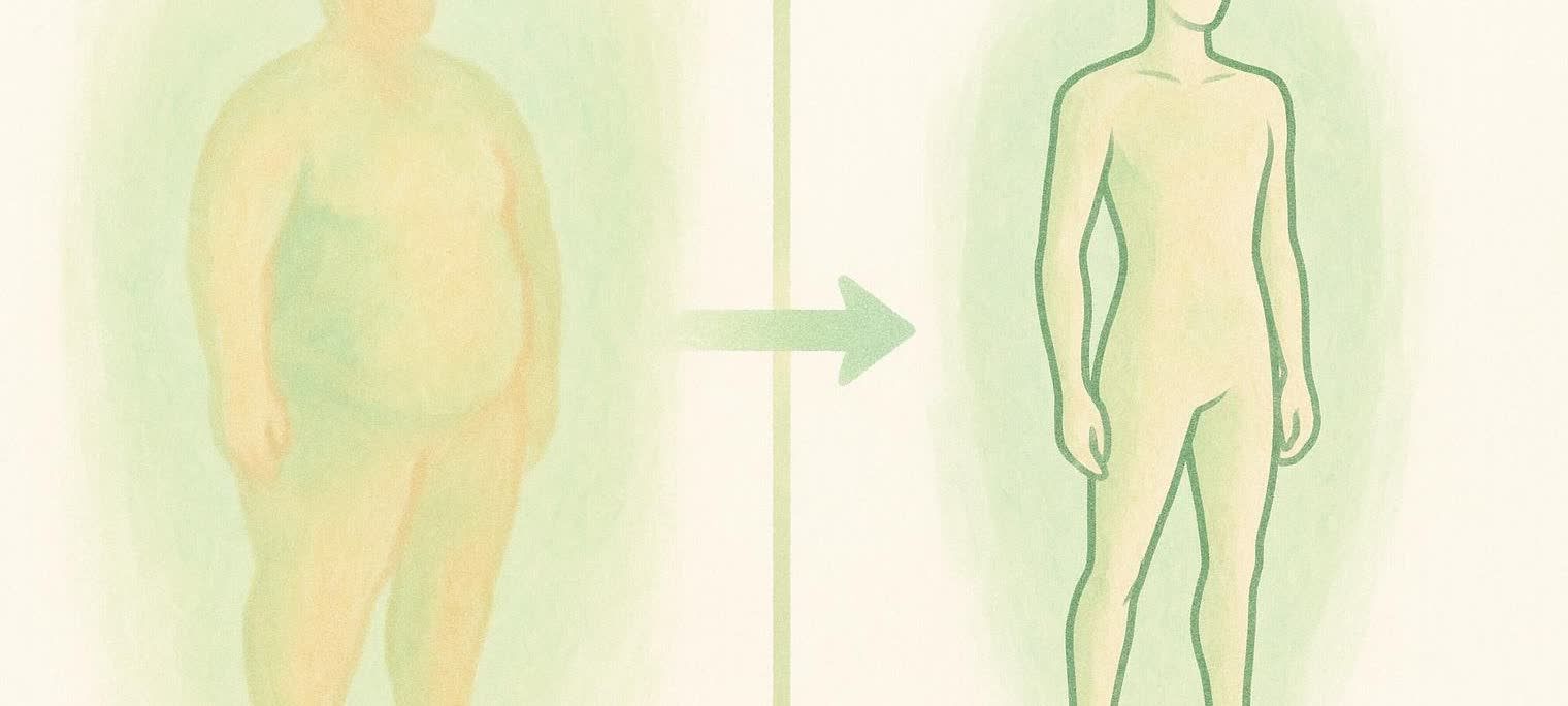 Abstract illustration showing a body transforming from less defined to more defined physique, with an arrow in between pointing right.