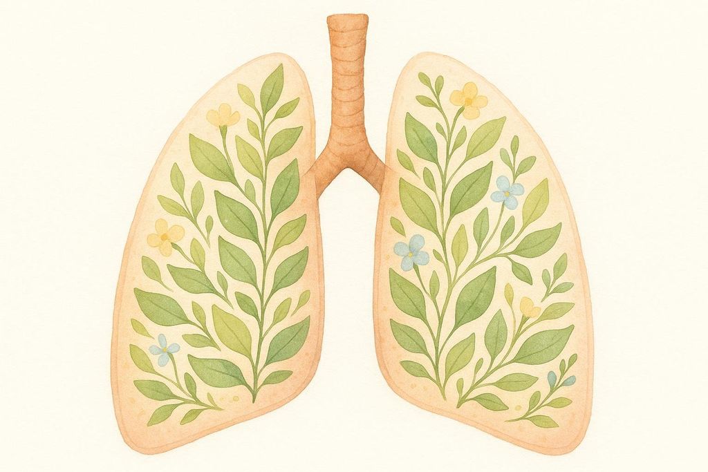 A watercolor illustration depicting human lungs filled with green leaves and small yellow and blue flowers, connected by a central trachea-like structure. The overall impression is light, natural, and artistic.