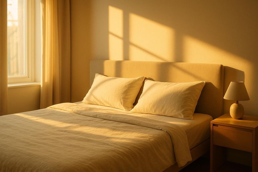A serene bedroom bathed in warm morning sunlight, featuring a bed with neutral-colored bedding and pillows, next to a nightstand with a lamp.