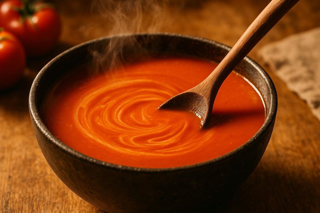 A close-up of a steaming bowl of creamy orange-red tomato soup, with a swirl pattern on top and a wooden spoon resting in it. Two red tomatoes are visible in the soft-focus background.