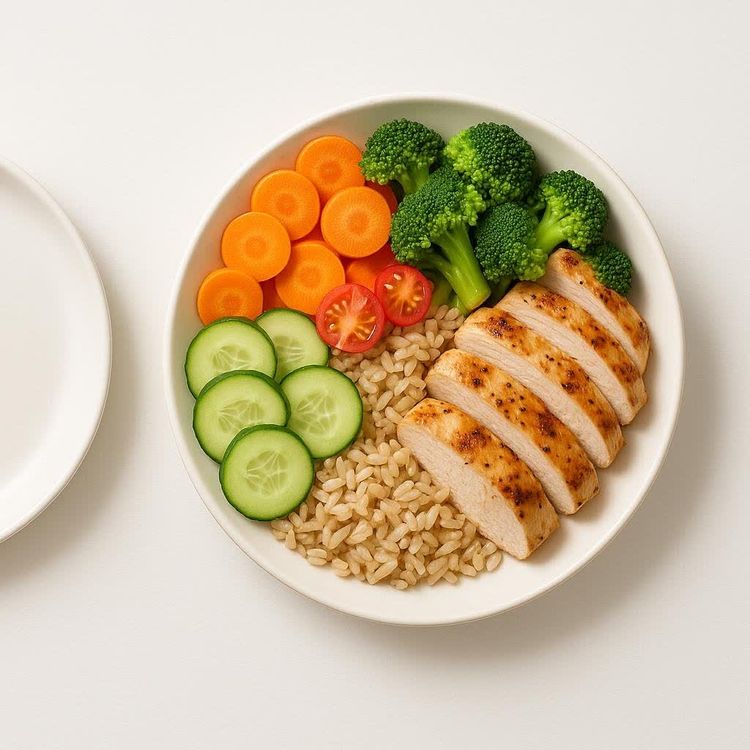 Two white plates on a white surface: one empty and one with colorful healthy foods.
