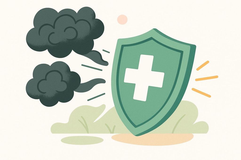 A shield deflecting dark smoke clouds