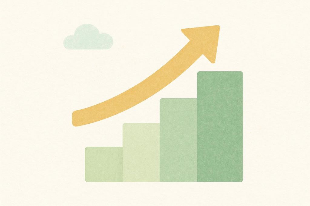An illustration depicting a bar chart with four rising green bars, representing steps, under a curving orange arrow pointing upwards. A small light blue cloud floats in the upper left corner. The image suggests gradual, long-term progress.