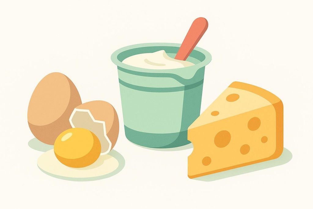 An illustration featuring three food icons: a whole egg and a broken egg with yolk, a cup of yogurt with a spoon, and a wedge of cheese. The icons are rendered in a simple, stylized manner.