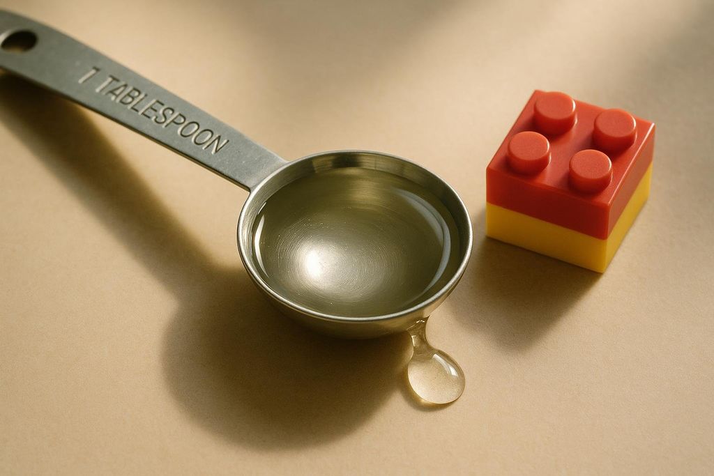 Spoon of liquid supplement next to a child's toy
