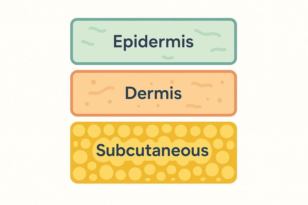 A simple diagram showing the three primary layers of the skin: Epidermis (top, light green), Dermis (middle, orange), and Subcutaneous (bottom, yellow).