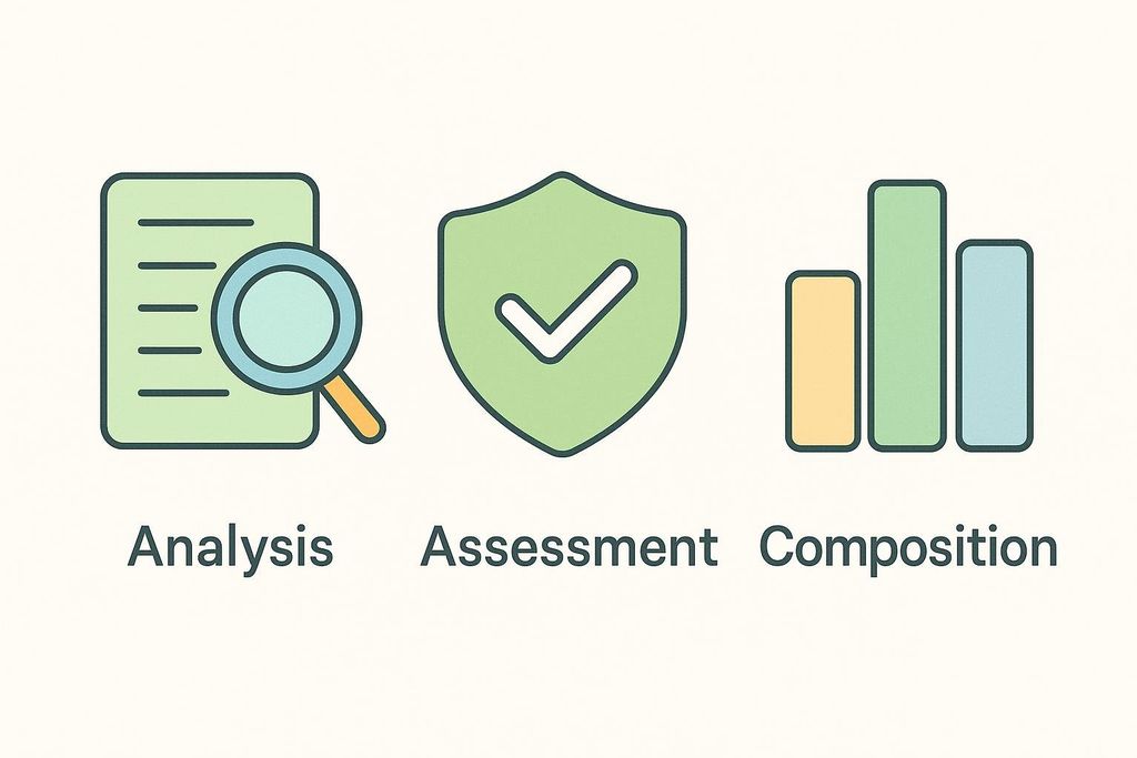 Three icons representing business concepts. From left to right: a document with a magnifying glass for 'Analysis', a shield with a checkmark for 'Assessment', and three bar chart columns for 'Composition'.