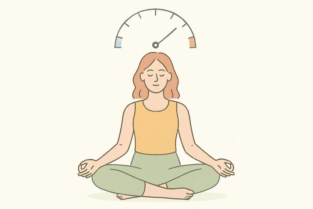 Illustration of a woman meditating in a cross-legged pose, with an energy meter above her head indicating moderate energy levels. The meter has regions of blue, white, and orange, suggesting a range of energy.