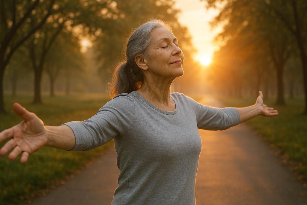 A woman stretching in a park at sunrise.