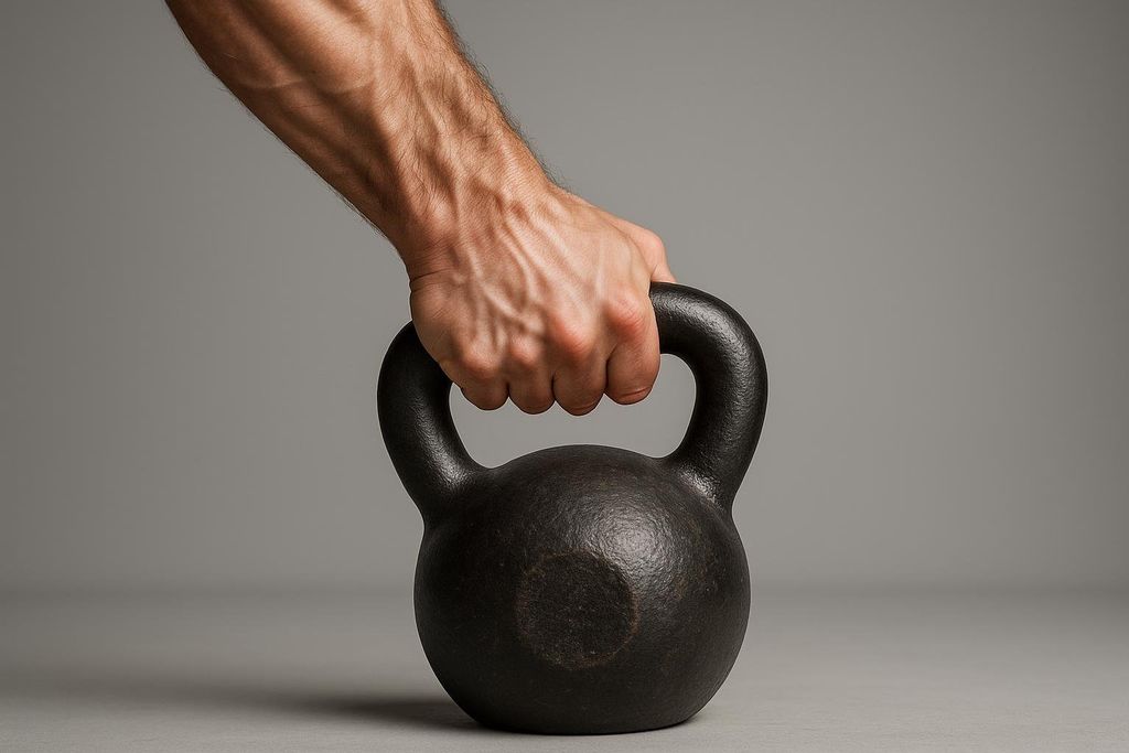 Close-up of a muscular arm and hand, with prominent veins, strongly gripping the handle of a heavy, black kettlebell against a gray background.