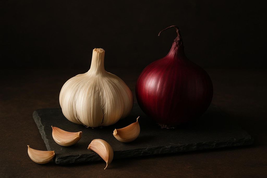 A still life portrait of a head of garlic, three garlic cloves, and a red onion, all resting on a dark slate board against a dark background.
