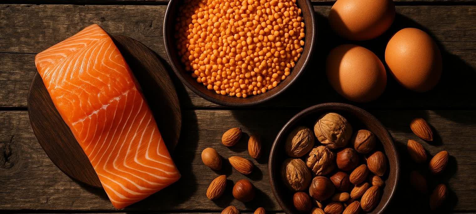 Top-down view of various high-protein foods arranged on a wooden surface, including a salmon fillet, a bowl of red lentils, brown eggs, and a bowl of mixed nuts such as walnuts, almonds, and hazelnuts.