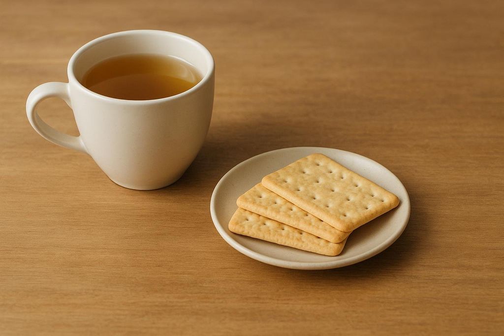A white mug of herbal tea sits next to a plate with three plain crackers on a light brown wooden table, representing bland foods for managing nausea.