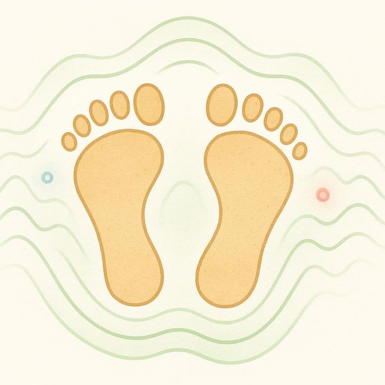 Abstract footprints surrounded by energy waves representing body composition measurement.