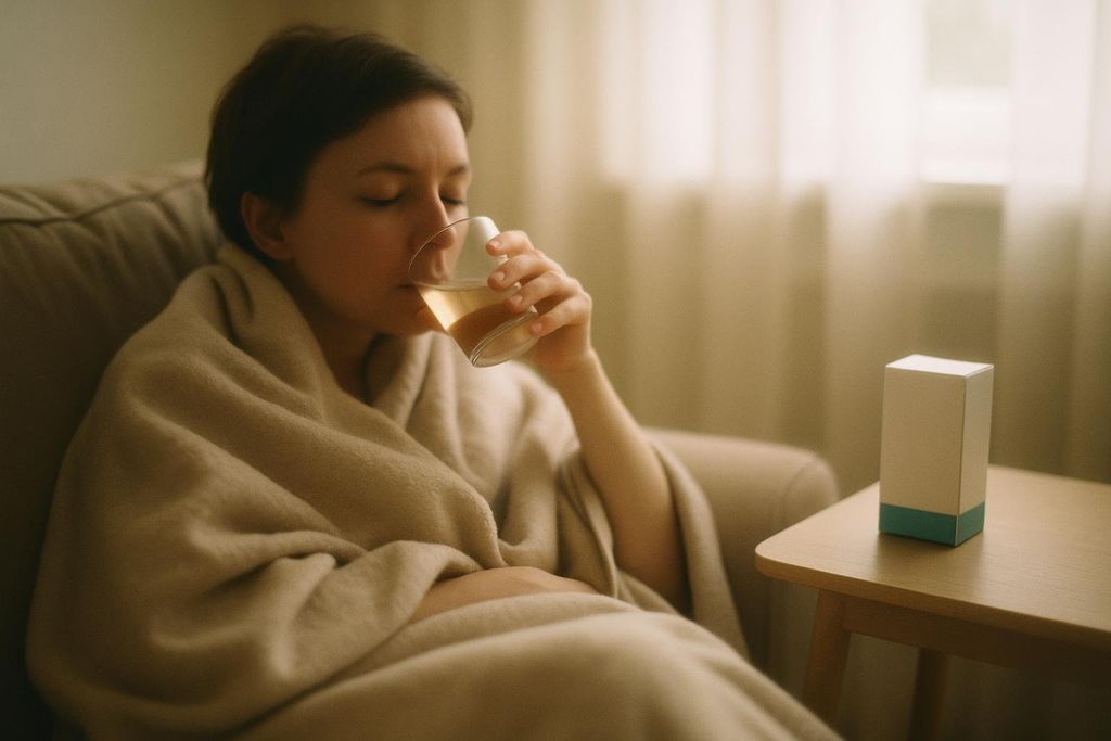 A person, eyes closed, wrapped in a beige blanket on a couch, slowly sips from a glass. A white box with a blue base rests on a small wooden table next to them, indicating a period of rest or recuperation.