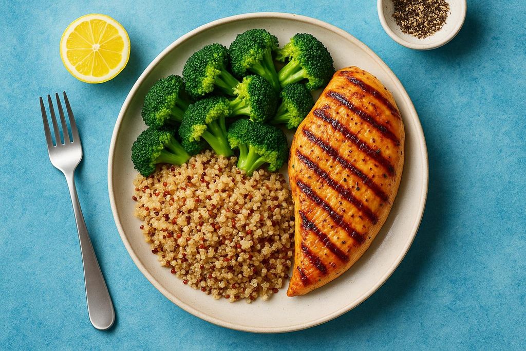 A plate showcasing a healthy and balanced meal with grilled chicken breast, a serving of quinoa, and steamed broccoli florets. A lemon wedge and a small bowl of pepper are visible in the background, all set against a vibrant blue surface.
