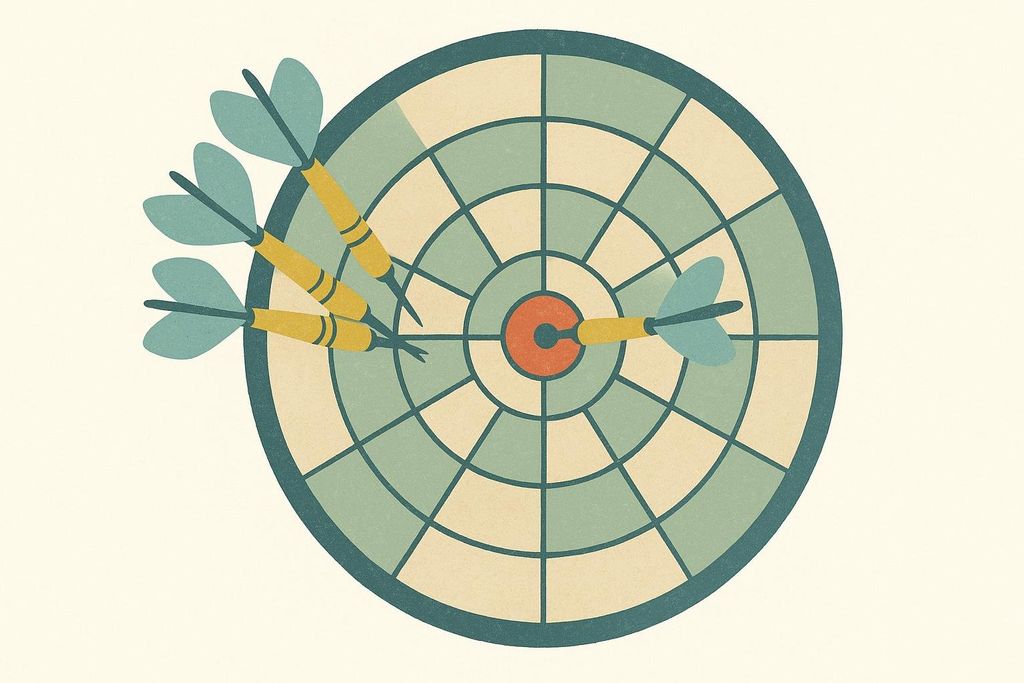 Illustration of a dartboard showing accuracy as a bullseye hit and precision as a tight grouping of darts elsewhere on the board.
