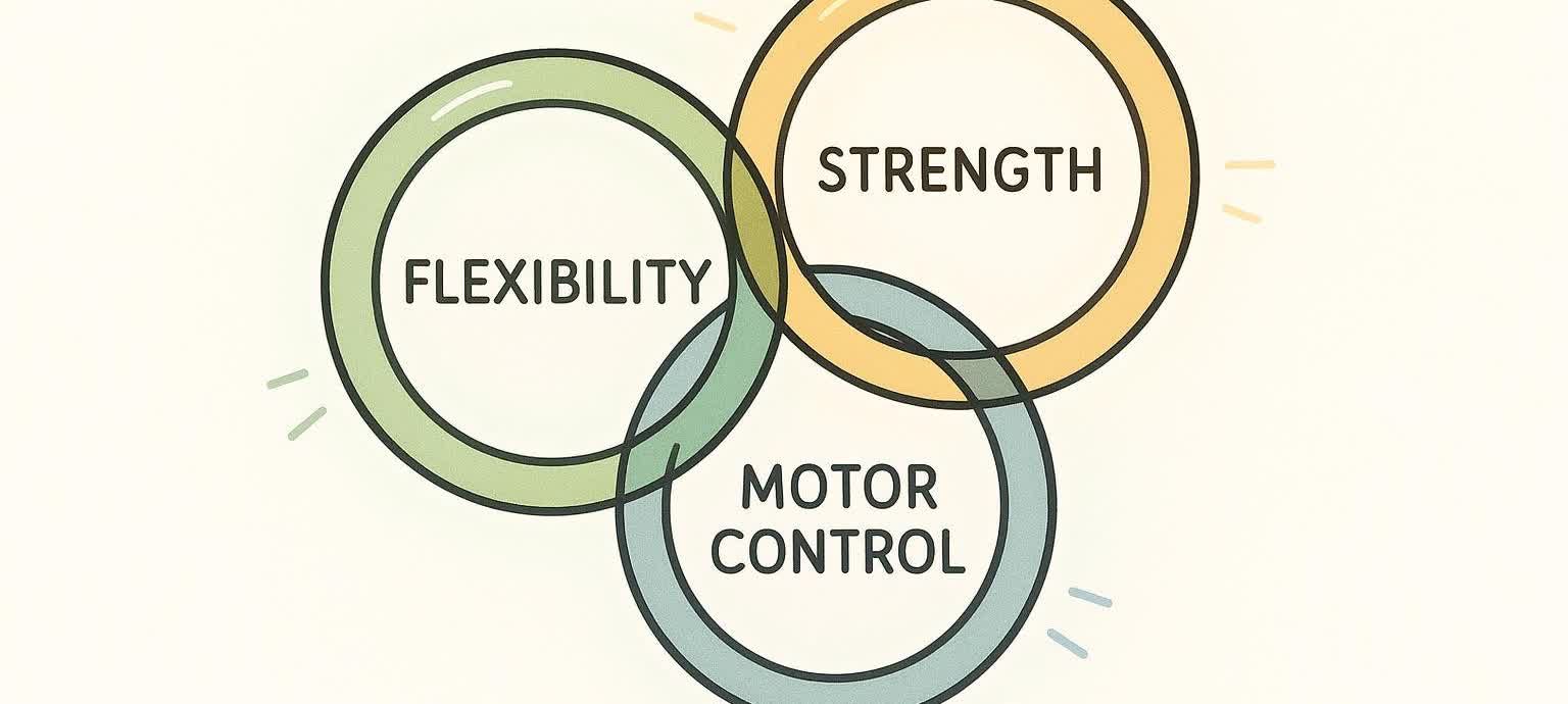 An illustration of three interlocking rings. One ring is green and labeled 'FLEXIBILITY', one is yellow and labeled 'STRENGTH', and one is blue and labeled 'MOTOR CONTROL'. These rings represent the components of mobility.