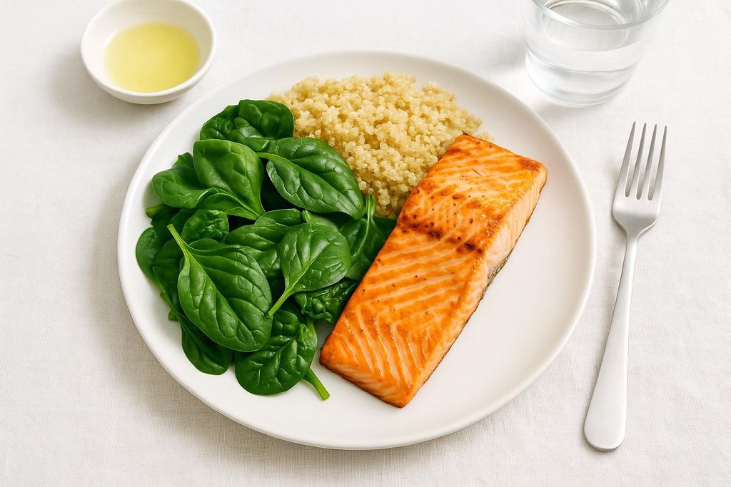A plate of grilled salmon, fresh spinach, and quinoa, served with a small bowl of olive oil and a glass of water. A fork is placed next to the plate.