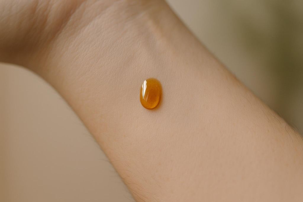 A close-up shot of a single amber-colored droplet of propolis tincture resting on the inner forearm of a person, likely for a skin patch test.