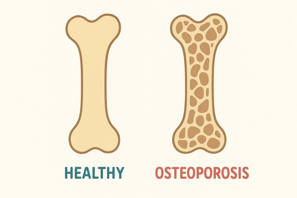 An illustration comparing a healthy bone, labeled 'HEALTHY' and solid in appearance, with a bone affected by osteoporosis, labeled 'OSTEOPOROSIS' and showing numerous large porous holes within its structure. The bones are depicted as stylized humanoid limb bones.