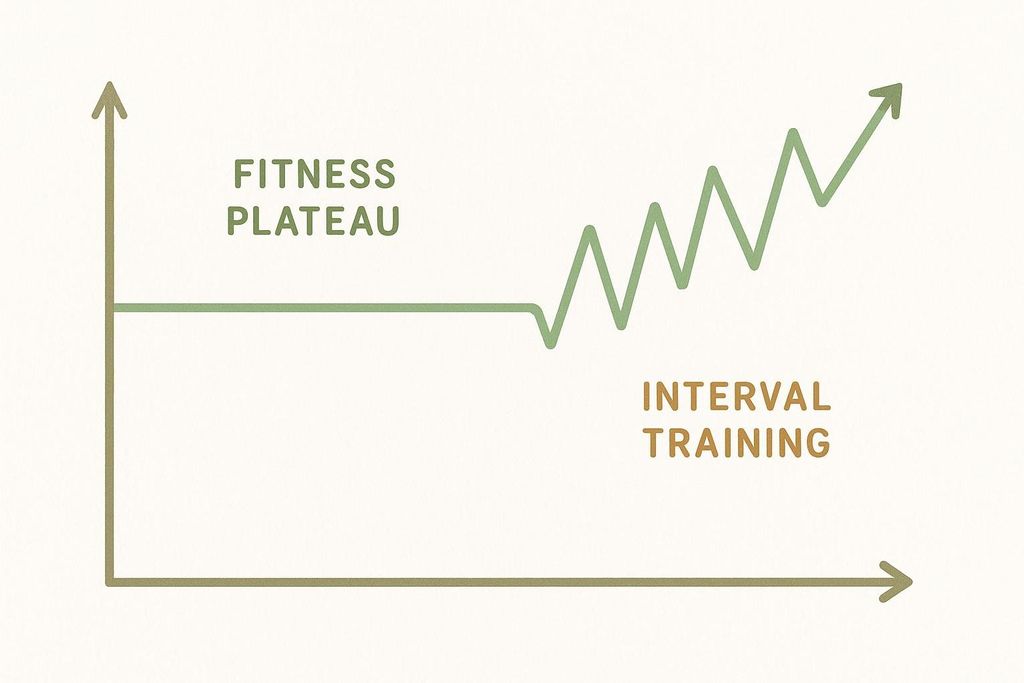 A graph illustrating fitness progress. A flat green line labeled 'FITNESS PLATEAU' represents a period of no improvement. This line breaks into an upward-trending, zigzagging green line labeled 'INTERVAL TRAINING', signifying improved fitness due to this training method.