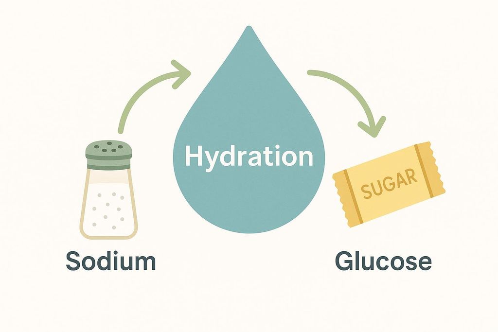 An illustration showing how sodium (represented by a salt shaker) and glucose (represented by a sugar packet) contribute to hydration (represented by a water droplet labeled 'Hydration'). Arrows point from the sodium and glucose to the hydration droplet.