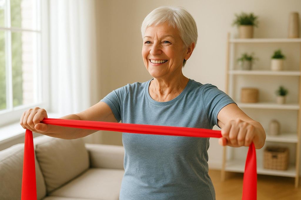A smiling older woman with short gray hair is performing resistance band exercises in her bright living room.