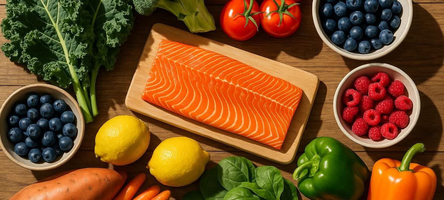 A rustic wooden table covered with a variety of nutrient-dense whole foods. In the center is a large fillet of salmon on a cutting board, surrounded by fresh vegetables like kale, broccoli, tomatoes, spinach, bell peppers, carrots, and sweet potatoes. Bowls of blueberries and raspberries are also visible on the table.