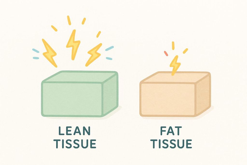 Illustration comparing metabolic rate: a green block labeled 'Lean Tissue' emits three energy sparks, while an orange block labeled 'Fat Tissue' emits one spark.