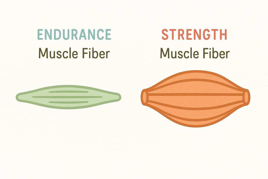 A diagram comparing muscle fiber types, with 'ENDURANCE Muscle Fiber' showing a slender, light green illustration of a muscle fiber on the left, and 'STRENGTH Muscle Fiber' showing a thicker, orange illustration of a muscle fiber on the right, illustrating their primary functions.