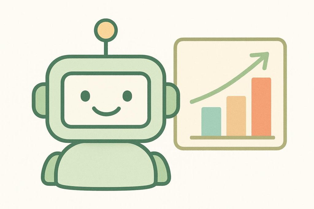 Illustration of a friendly chat bot icon next to a graph showing positive insights.