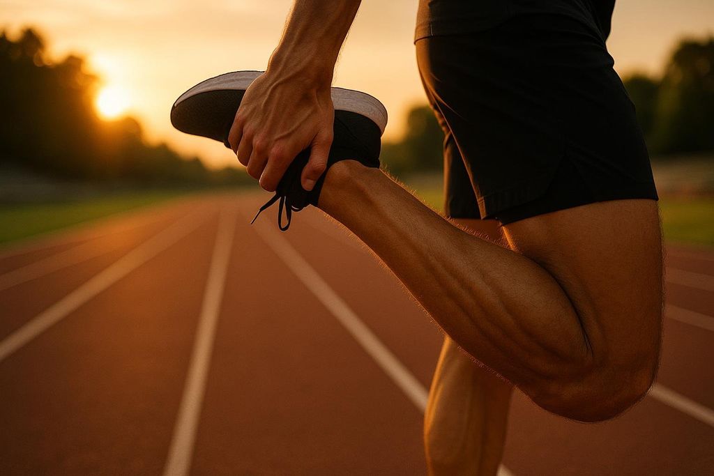 A close-up shot of a runner in black shorts stretching their calf muscle by holding their foot behind them on a track. The scene is illuminated by the warm, golden light of a sunset in the background.