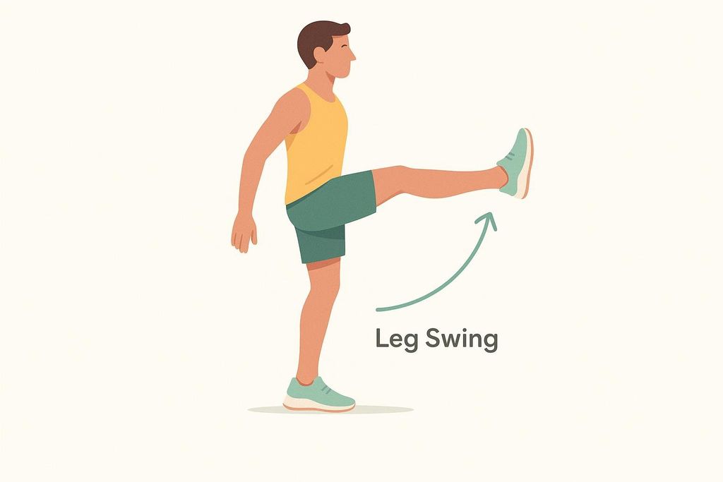 An illustration of a runner in a yellow tank top and green shorts performing a leg swing drill. They are standing on one leg with the other leg extended forward, an arrow showing the upward swinging motion, and the words 'Leg Swing' written next to it.