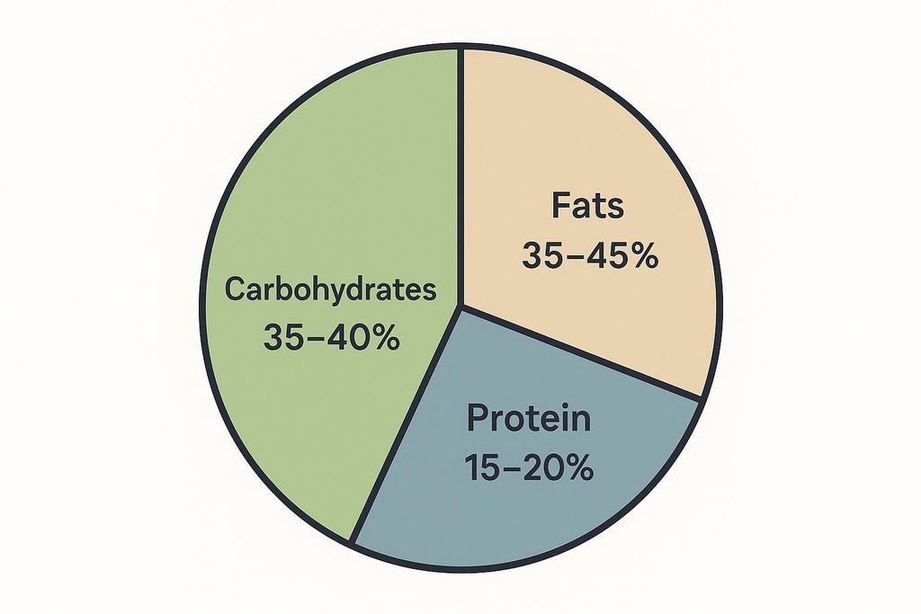 A pie chart displaying macronutrient targets. Carbohydrates are 35-40%, Fats are 35-45%, and Protein is 15-20%.