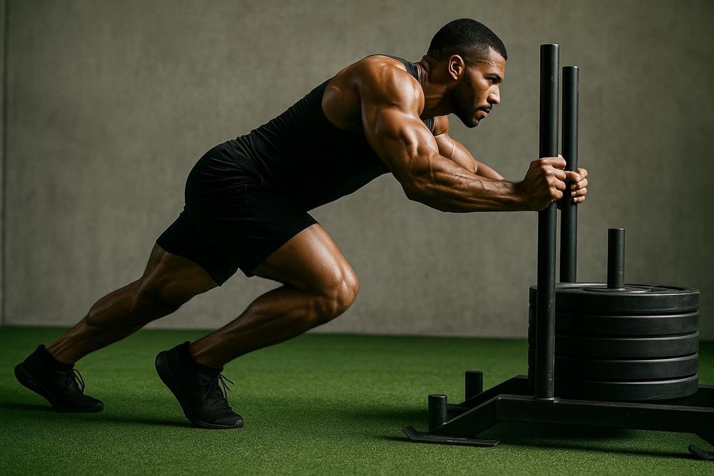 A muscular athlete wearing a black tank top and shorts pushes a heavy sled across green indoor turf. The athlete leans forward, gripping the sled handles, showcasing their engaged arm and leg muscles during strength training.