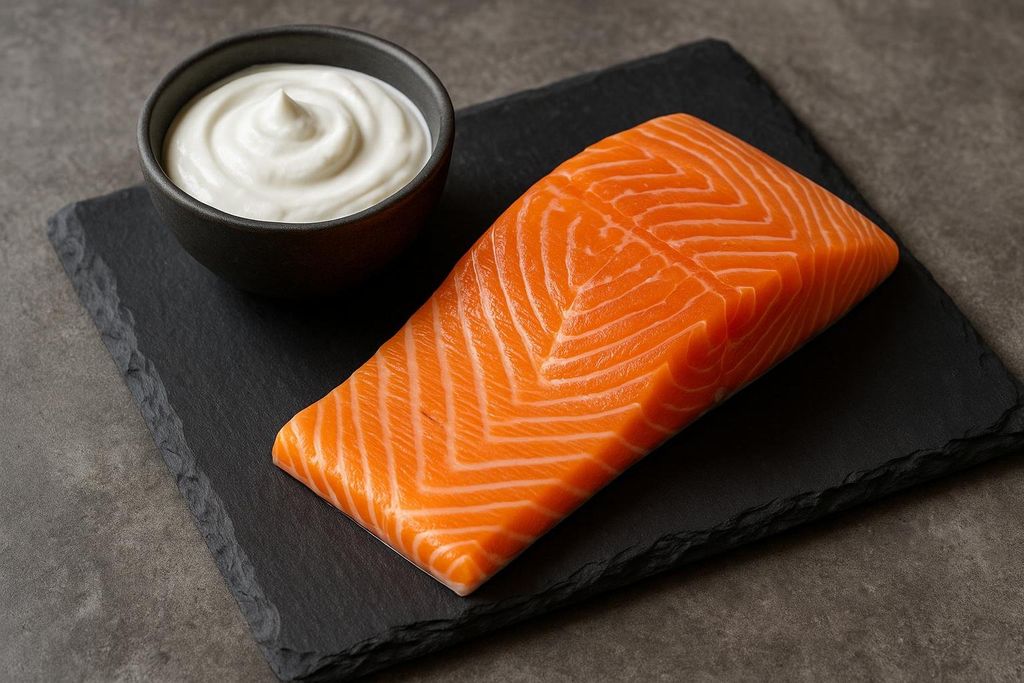 A fresh salmon fillet and a small black bowl of Greek yogurt sitting on a dark grey slate serving plate, against a dark grey background.