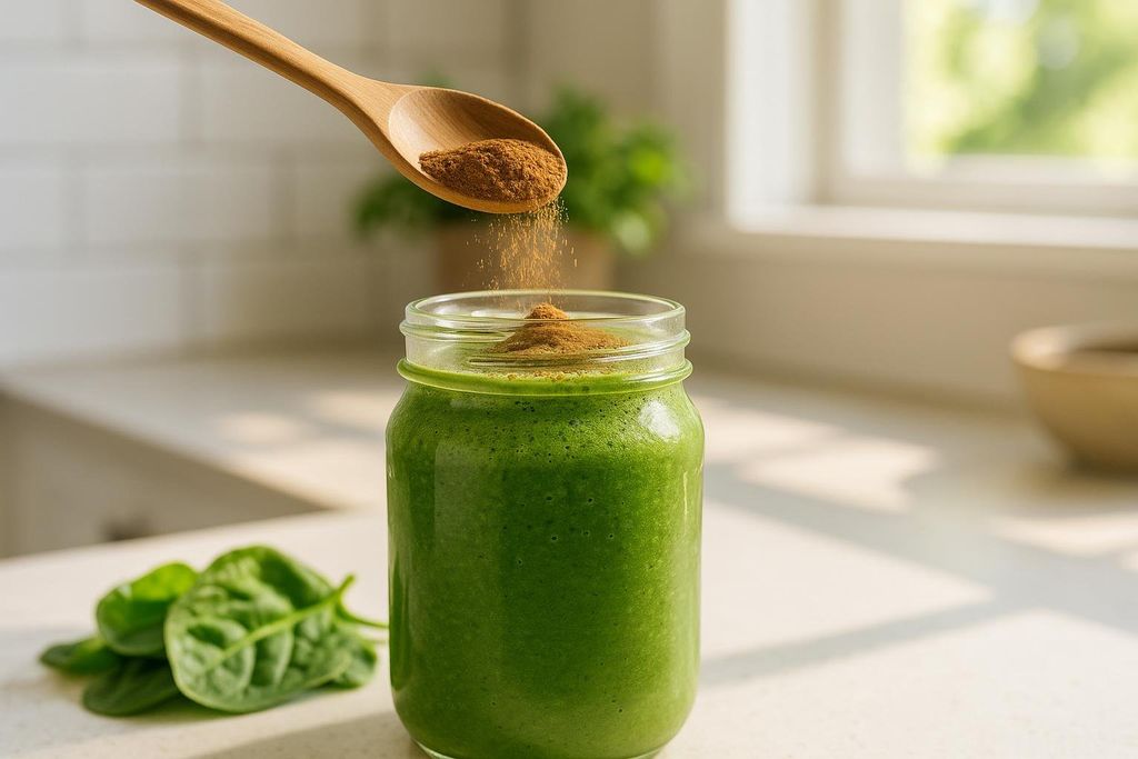 A close-up shot of a wooden spoon sprinkling brown nutritional powder into a glass jar filled with a vibrant green smoothie. Several fresh spinach leaves are visible on the counter beside the jar, and a sunlit kitchen window is in the background.