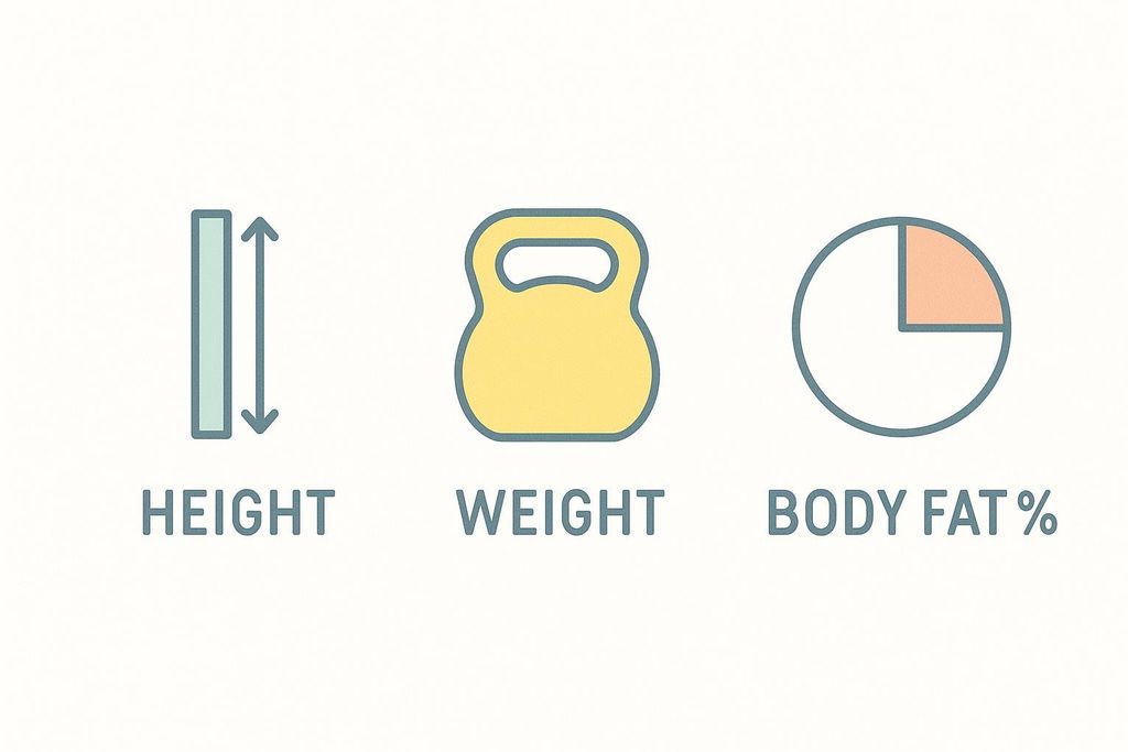 Icons representing the three inputs for an FFMI calculation: height, weight, and body fat percentage. From left to right: a light blue rectangular icon with up and down arrows indicating height, a yellow kettlebell icon representing weight, and a pie chart icon with a coral colored section representing body fat percentage. Below each icon, the corresponding label is written in all caps.