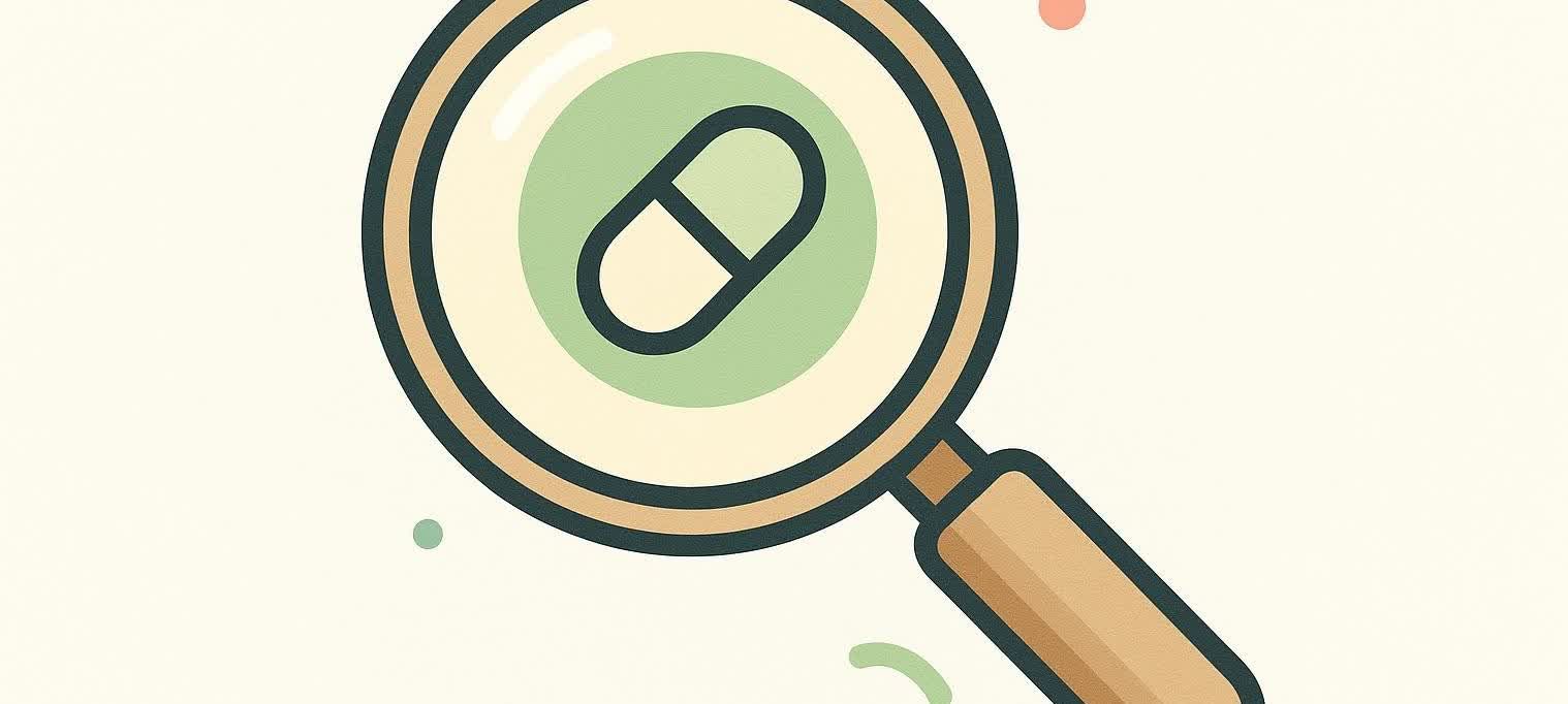 An illustration of a magnifying glass closely examining a pill, symbolizing a detailed inspection or scientific review of a supplement or medication.