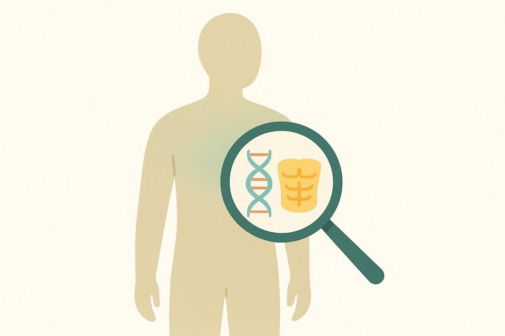 An illustration of a human torso with a magnifying glass over its abdomen. Inside the magnifying glass are icons representing DNA and abdominal muscles (abs), suggesting genetic and muscular factors related to the physique.
