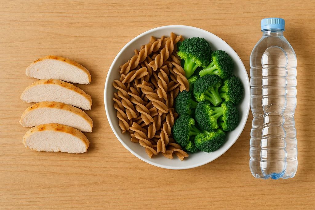 Flat lay of a balanced meal with sliced chicken breast, whole wheat pasta, broccoli florets in a bowl, and a clear plastic water bottle on a light wood surface.