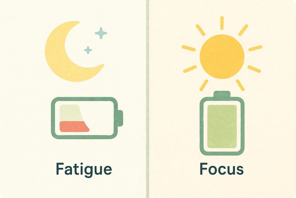Illustration showing two panels: 'Fatigue' on the left with a moon, stars, and a low battery icon, and 'Focus' on the right with a sun and a full battery icon. The image depicts a transition from low energy to high energy or mental clarity.