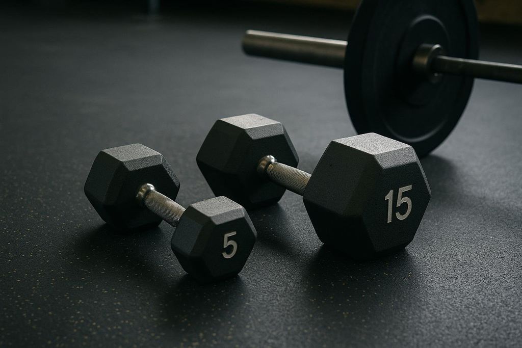 Two black hexagonal dumbbells, one weighing 5 lbs and the other 15 lbs, are visible in the foreground on a dark, textured gym floor. In the blurred background, a barbell with black weight plates is also present, suggesting a versatile gym environment with various workout equipment.
