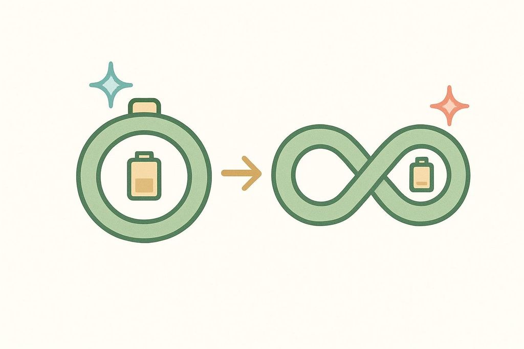 An illustration showing a smart ring with a battery icon inside transforming into an infinity symbol with a smaller battery icon inside, indicating unlimited power or longevity.